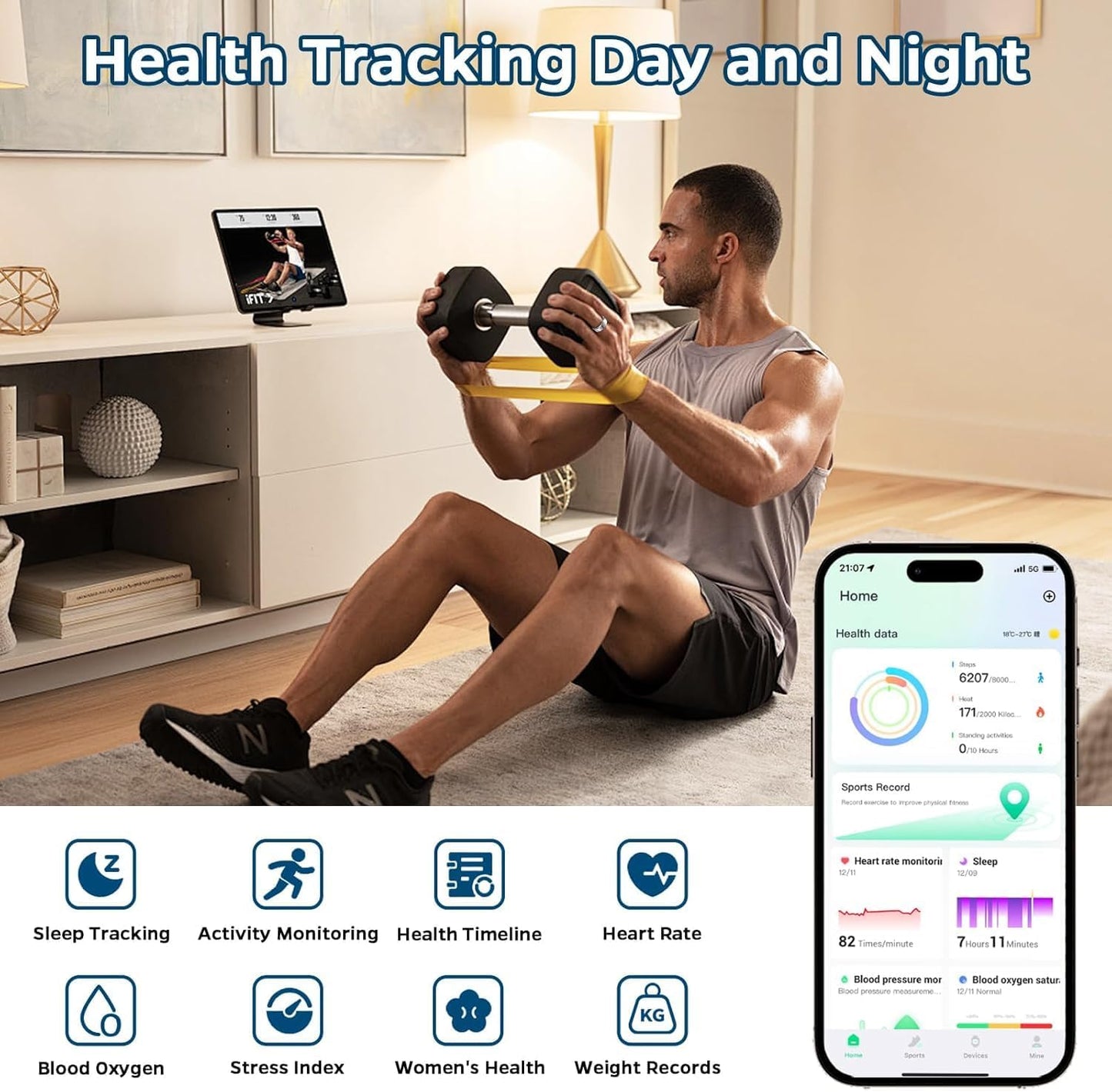 Advanced Sleep Tracker Ring with Heart Rate Monitoring, Waterproof Fitness Tracking, Activity Metrics (Steps, Distance, Calories), Air Gesture Control, Up to 7-Day Battery Life, Compatible with iOS and Android (Silver, Size #12)