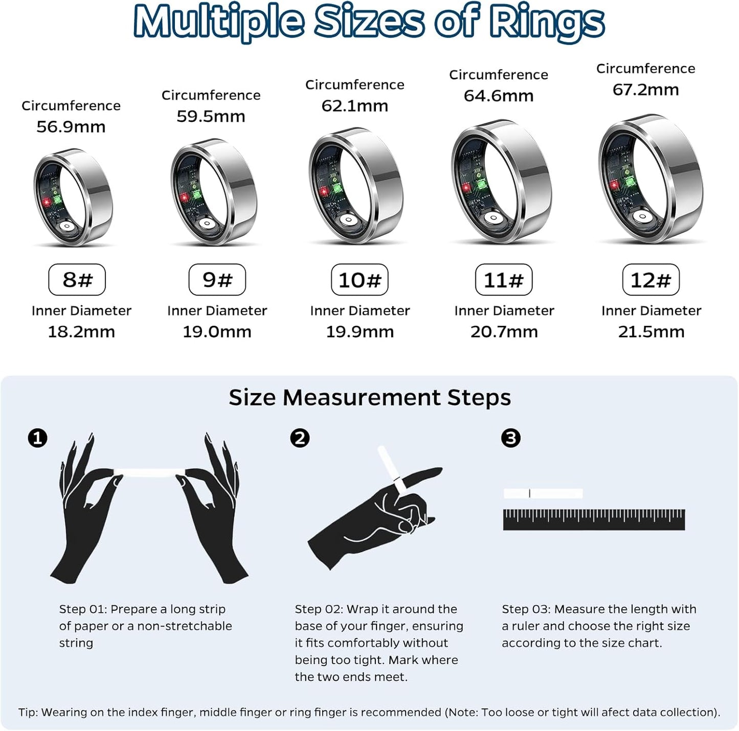 Advanced Sleep Tracker Ring with Heart Rate Monitoring, Waterproof Fitness Tracking, Activity Metrics (Steps, Distance, Calories), Air Gesture Control, Up to 7-Day Battery Life, Compatible with iOS and Android (Silver, Size #12)