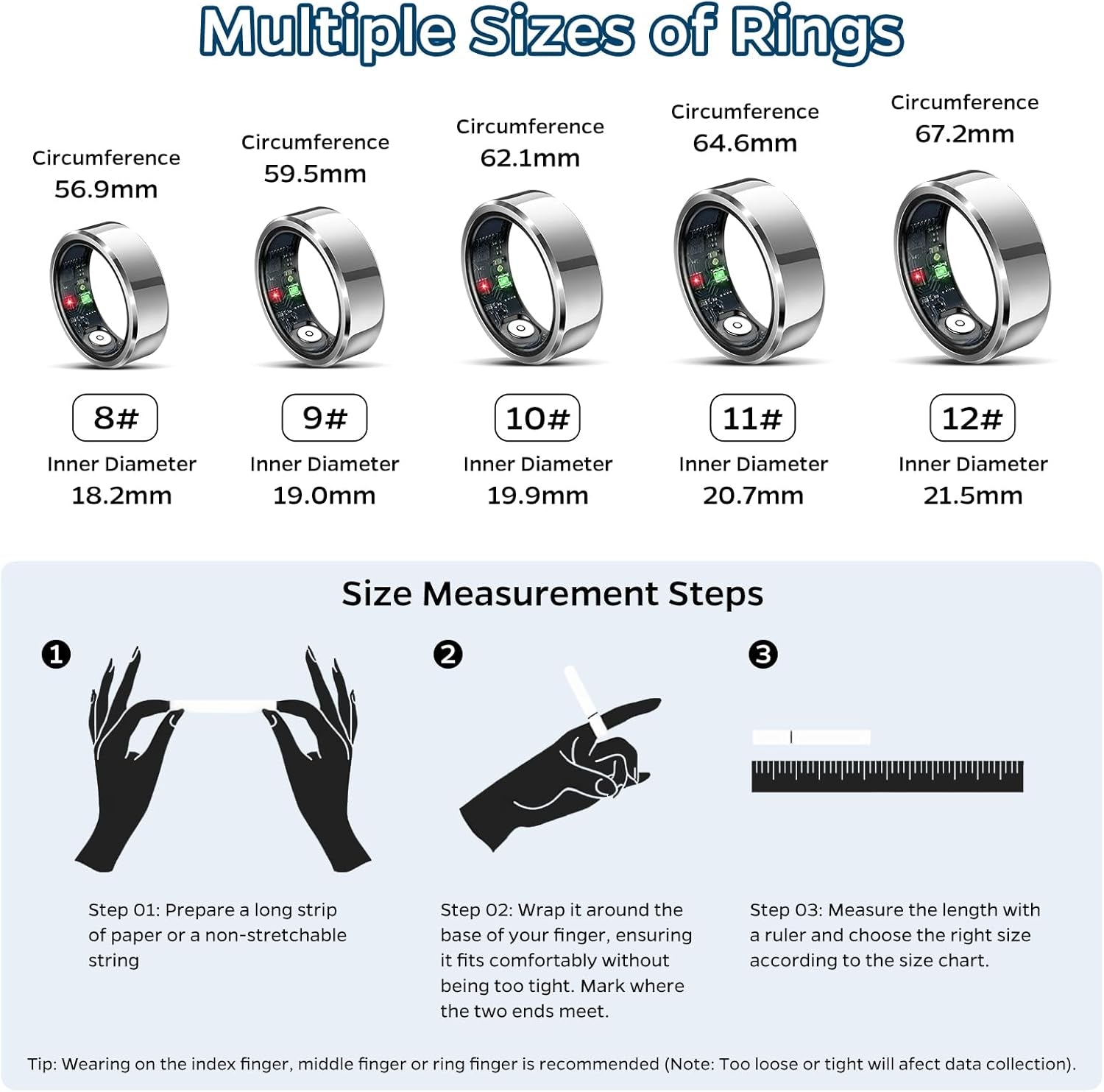 Advanced Sleep Tracker Ring with Heart Rate Monitoring, Waterproof Fitness Tracking, Activity Metrics (Steps, Distance, Calories), Air Gesture Control, Up to 7-Day Battery Life, Compatible with iOS and Android (Silver, Size #12)