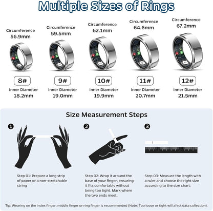 Advanced Sleep Tracker Ring with Heart Rate Monitoring, Waterproof Fitness Tracking, Activity Metrics (Steps, Distance, Calories), Air Gesture Control, Up to 7-Day Battery Life, Compatible with iOS and Android (Silver, Size #12)
